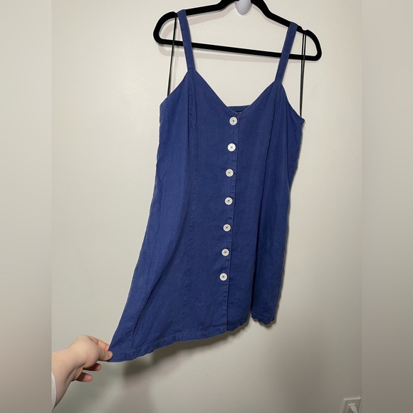 Zara Women’s Navy Blue v neck buttoned 100% linen coastal summer mini dress in L - Picture 2 of 6